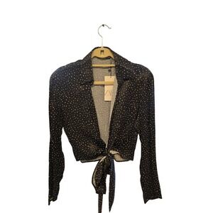 Zara Black Polka Dot Tie Front Cropped Blouse Long Sleeve Top womens sz M